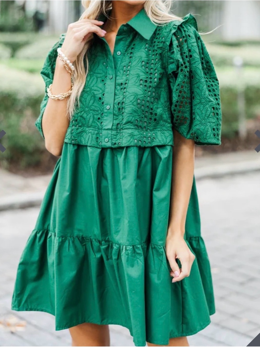 entro Green Eyelet Tiered Mini Dress